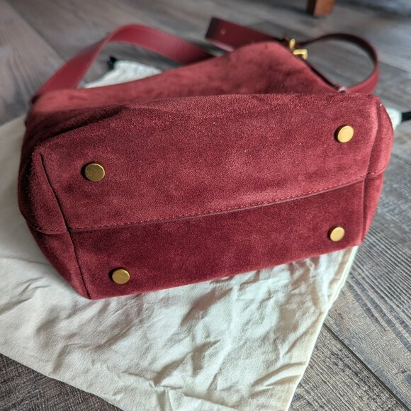 Quince Italian Suede Bucket Crossbody Leather Bag Merlot Burgundy Brass Minimal - Picture 13 of 13